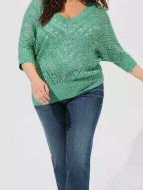 Torrid Green Pointelle Dolman Sweater Geen Crochet Knit Size  0X EUC